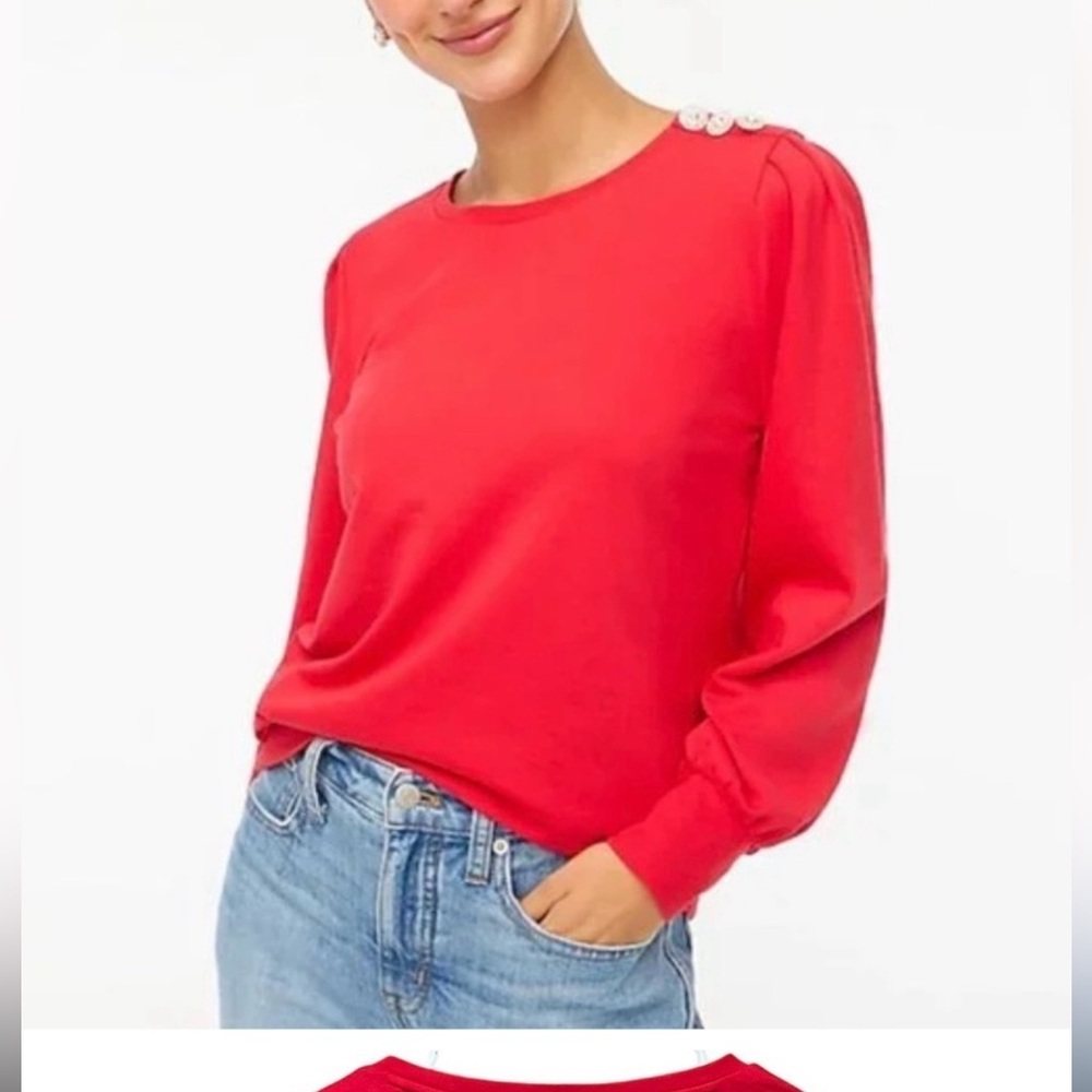 New with tags medium J. Crew Classic Red Puff Sleeve Sweatshirt Jeweled Buttons